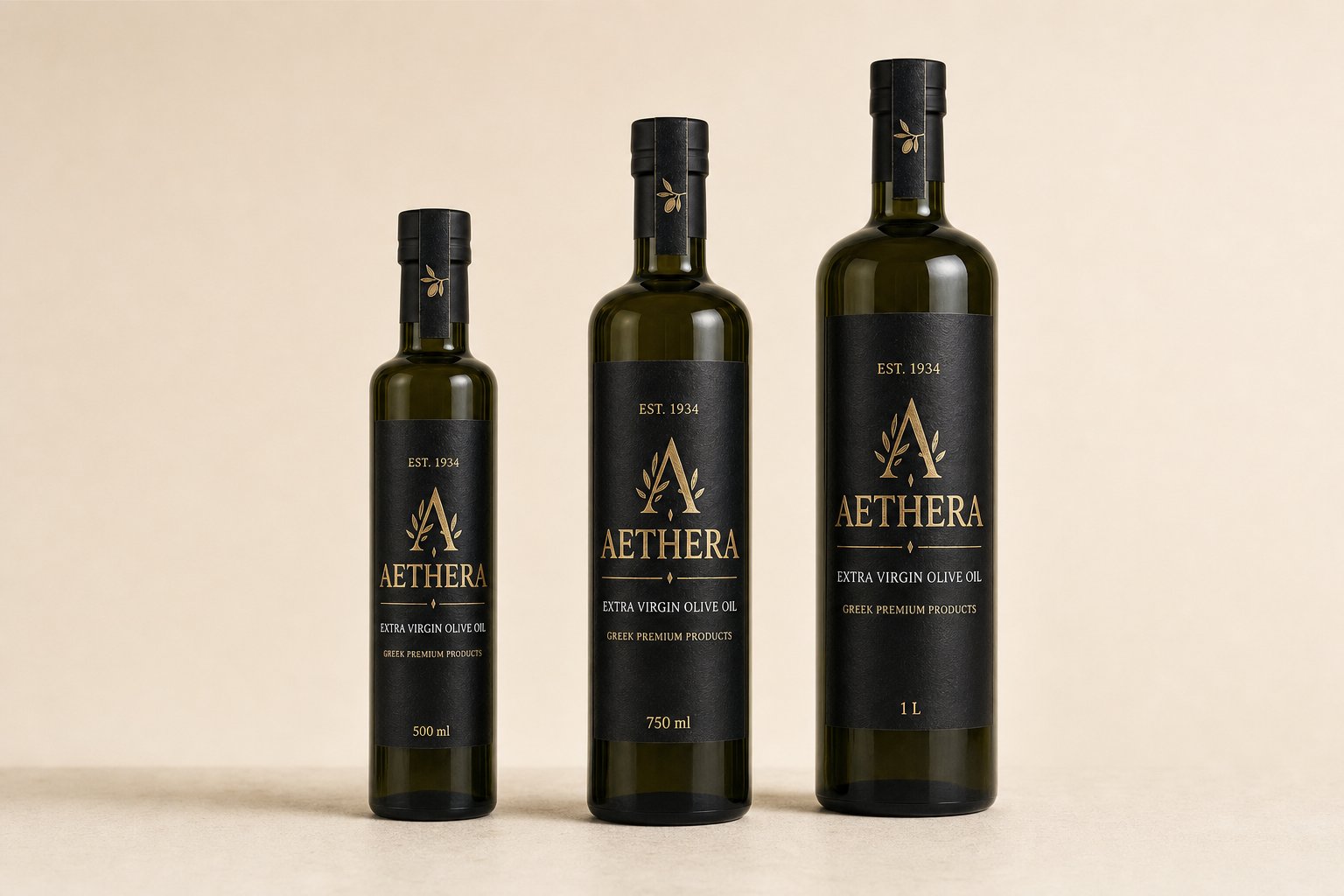 AETHERA olive oil bottles in three retail sizes