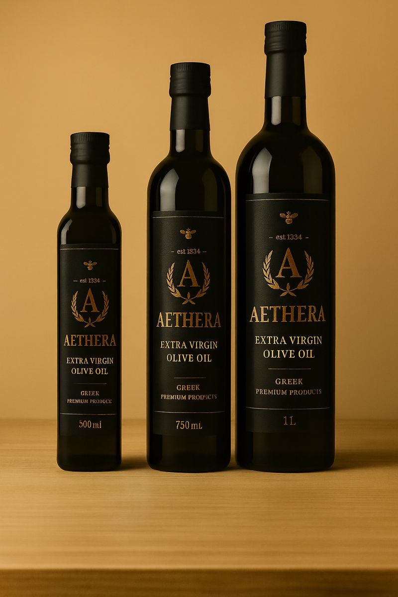 Olive oil bottles with olive branches