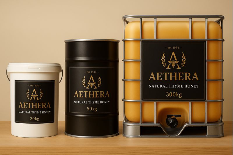 Bulk AETHERA honey on a minimal backdrop