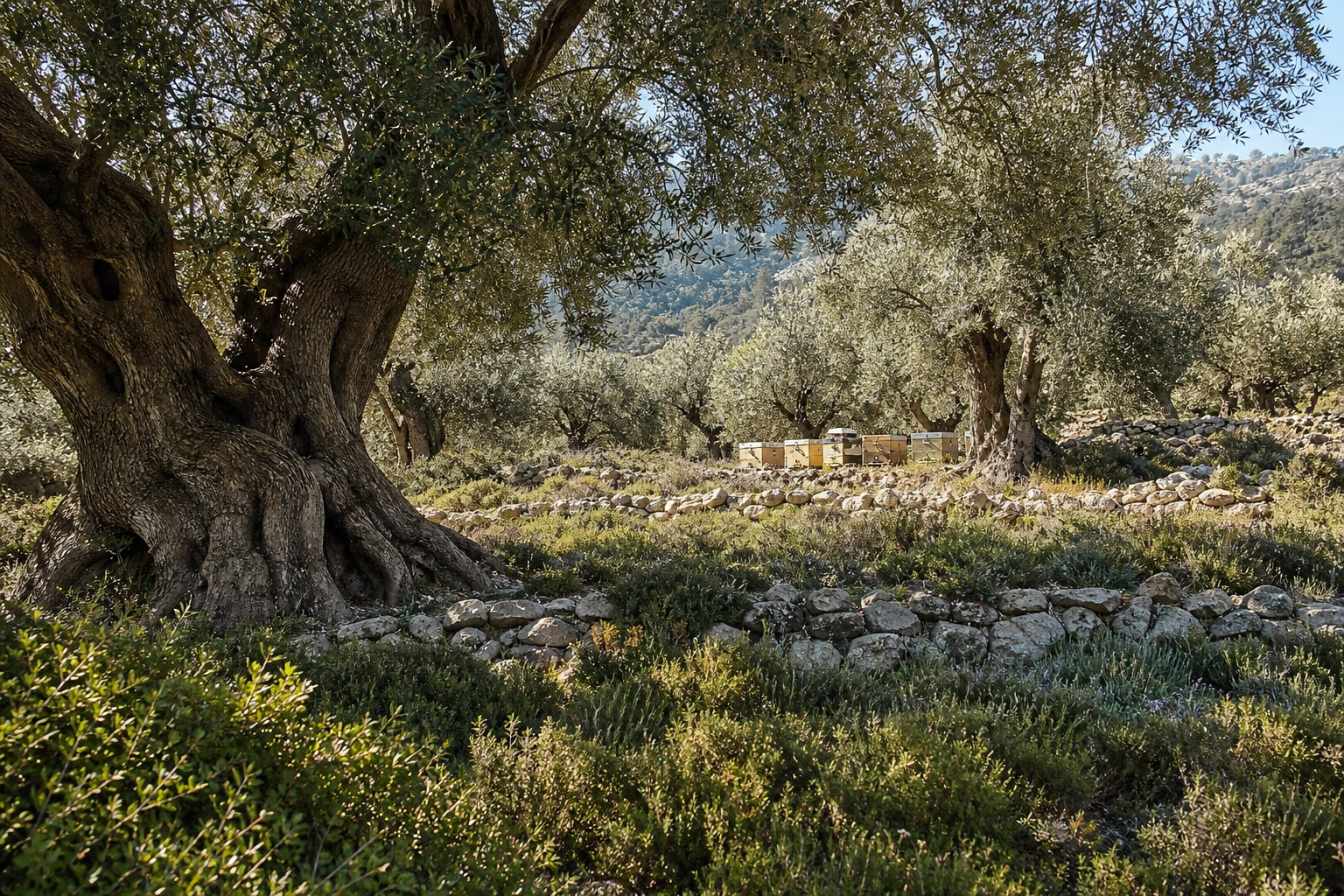 Olive grove and beehives on Kos Island