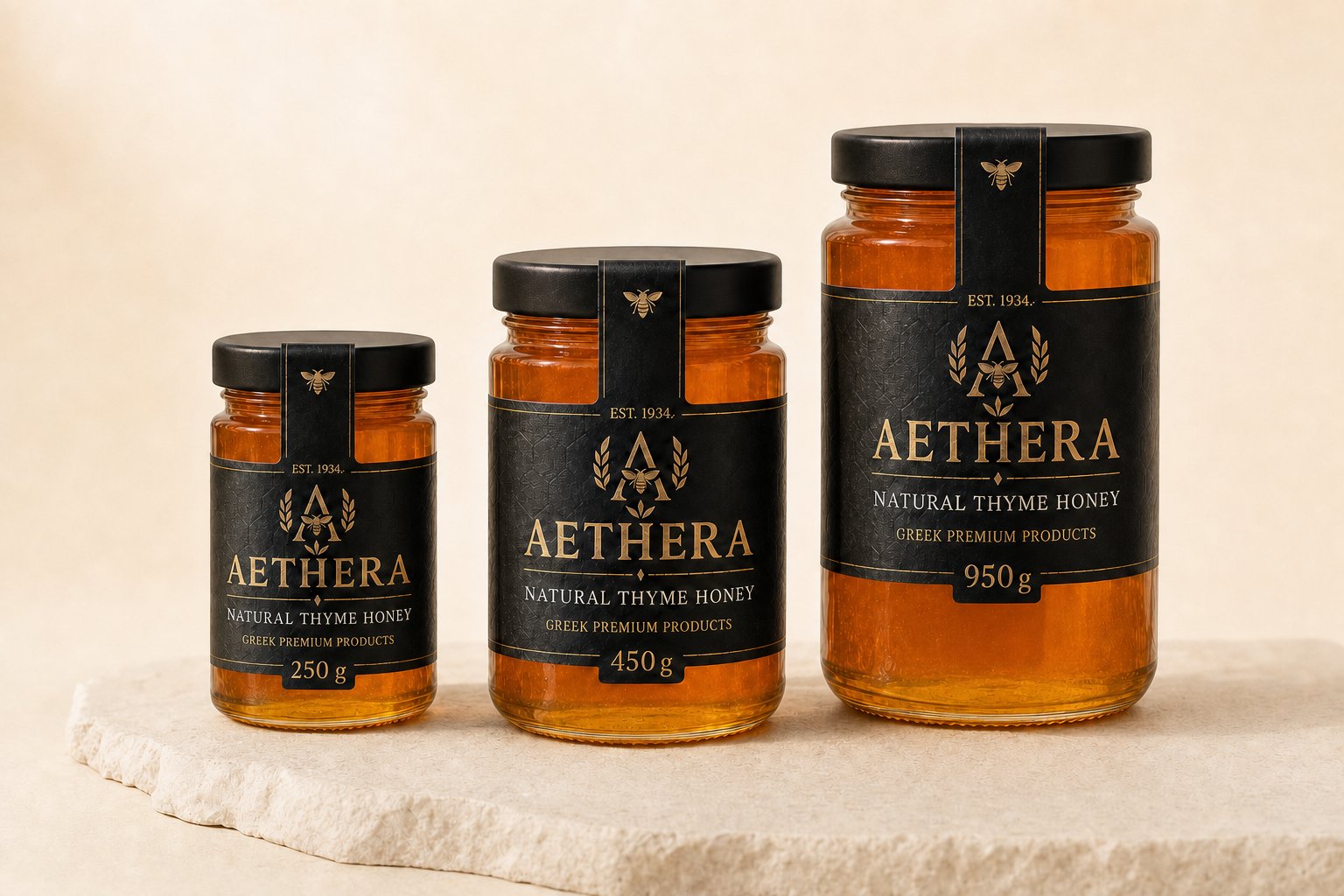 AETHERA honey jars in three retail sizes