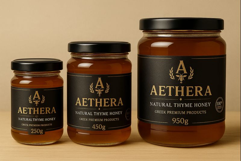 Glass jars of AETHERA honey