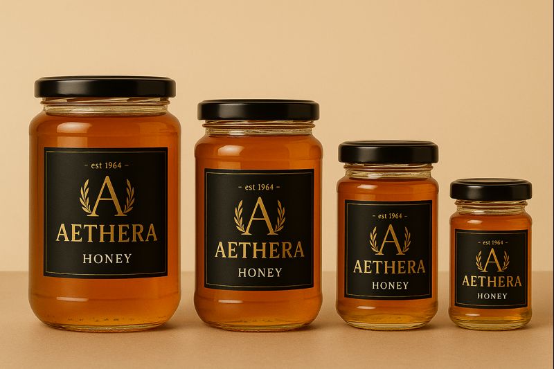 Lineup of premium AETHERA honey jars on a minimal backdrop