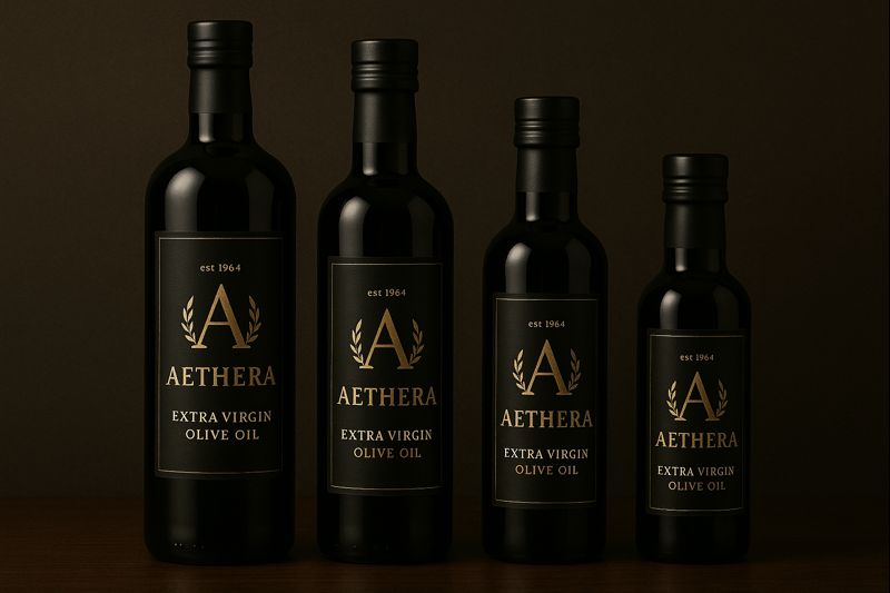 Dark bottles of extra virgin olive oil